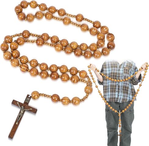 Bucherry 59 Inches Super Jumbo Holy Mix Beads Wall Display Solid Wood Rosary Catholic Holy Big Mix Beads Wall Rosario Natural Wood Chain Jesus Cross (Dark Brown) in Kuwait