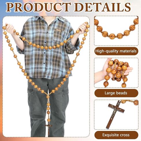Bucherry 59 Inches Super Jumbo Holy Mix Beads Wall Display Solid Wood Rosary Catholic Holy Big Mix Beads Wall Rosario Natural Wood Chain Jesus Cross (Dark Brown) in Kuwait