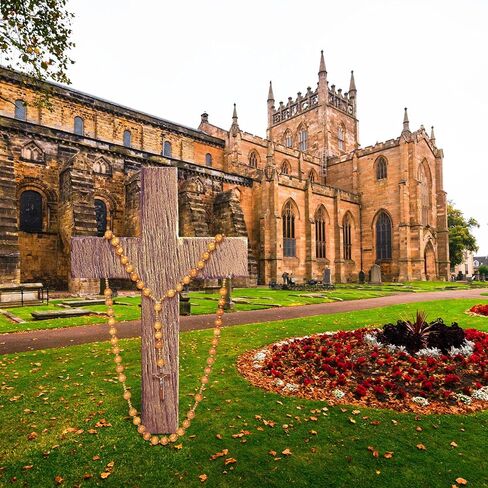 Bucherry 59 Inches Super Jumbo Holy Mix Beads Wall Display Solid Wood Rosary Catholic Holy Big Mix Beads Wall Rosario Natural Wood Chain Jesus Cross (Dark Brown) in Kuwait