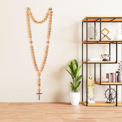 Bucherry 59 Inches Super Jumbo Holy Mix Beads Wall Display Solid Wood Rosary Catholic Holy Big Mix Beads Wall Rosario Natural Wood Chain Jesus Cross (Dark Brown) in Kuwait
