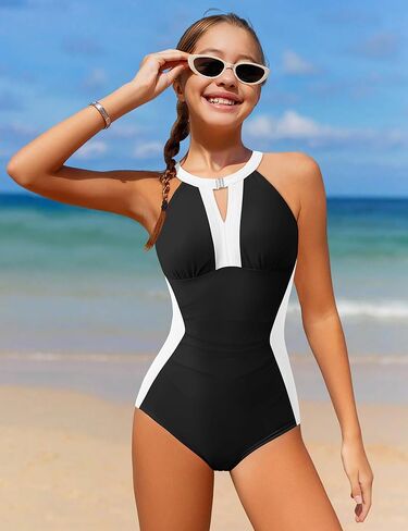 Girls Swimsuit One Piece High Neck Swimsuits Cutout Color Block Girls Bathing Suits Cross Tie Back Swimwear 9-16Y in Kuwait