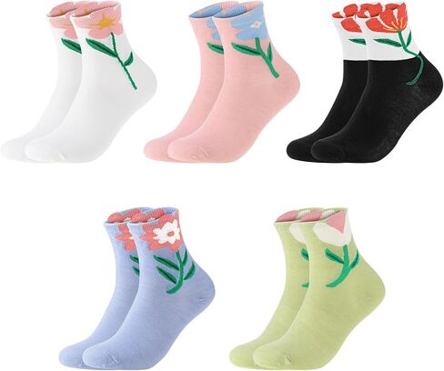 5 Pairs Floral Socks Cotton Sock Crew Socks Novelty Ankle Athletics Sock for Women Teen Girls in Saudi Arabia
