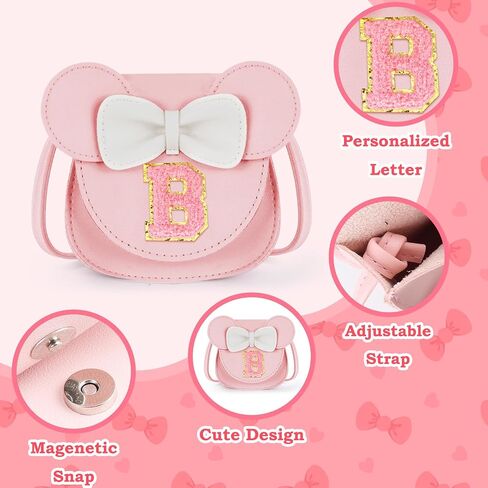 Toddler Purse Gifts for Girl Kids Little Initial Mouse Ears Bow Crossbody Bag Pink Cute Pu Shoulder Handbag in Saudi Arabia