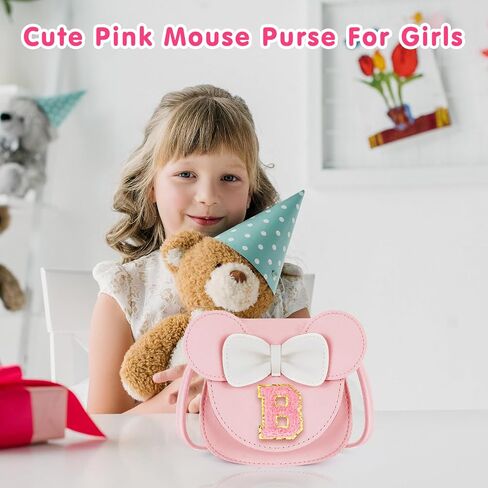 Toddler Purse Gifts for Girl Kids Little Initial Mouse Ears Bow Crossbody Bag Pink Cute Pu Shoulder Handbag in Saudi Arabia