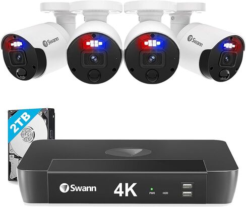 نظام كاميرا الأمان Swann Enforcer 4K في الأماكن المغلقة/الخارجية، 8 كاميرات رصاصة PoE 16 قناة NVR 2TB HDD للمراقبة السلكية CCTV ، مصابيح استشعار الحركة ، رؤية ليلية ملونة ، صفارة ، SONVK-1689808 in Kuwait