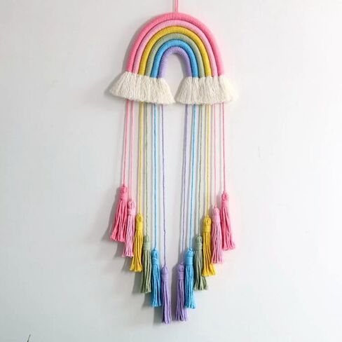 Rainbow Macrame Wall Hanging - Hand-Woven Cotton Tassel Tapestry Decor for Baby Room, Nursery, and Home Decor (Pink Rainbow) in Saudi Arabia