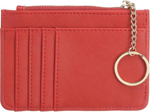 Small Credit Card Wallet Expanded Slim Wallet with Key Rings, PU Leather Minimalist Card Holder - 5 Card Slots & 1 Zipper Pocket, Red in Saudi Arabia