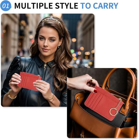 Small Credit Card Wallet Expanded Slim Wallet with Key Rings, PU Leather Minimalist Card Holder - 5 Card Slots & 1 Zipper Pocket, Red in Saudi Arabia