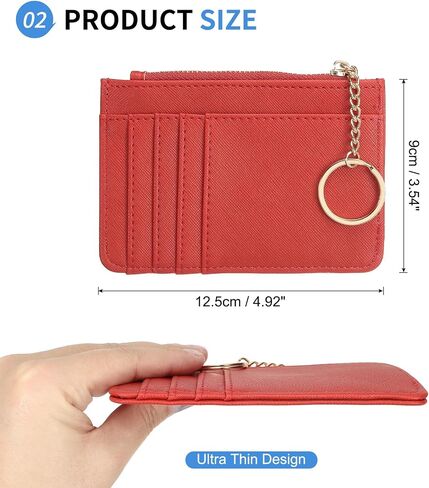 Small Credit Card Wallet Expanded Slim Wallet with Key Rings, PU Leather Minimalist Card Holder - 5 Card Slots & 1 Zipper Pocket, Red in Saudi Arabia