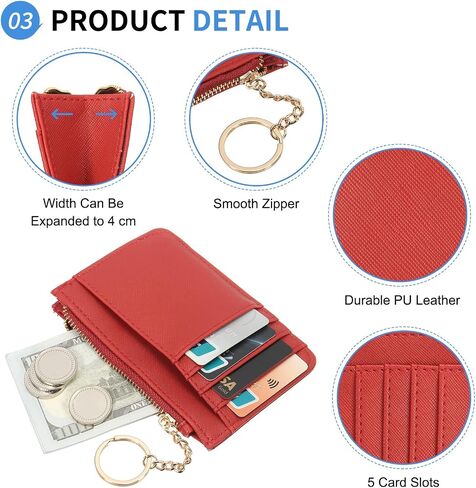 Small Credit Card Wallet Expanded Slim Wallet with Key Rings, PU Leather Minimalist Card Holder - 5 Card Slots & 1 Zipper Pocket, Red in Saudi Arabia