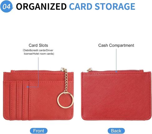 Small Credit Card Wallet Expanded Slim Wallet with Key Rings, PU Leather Minimalist Card Holder - 5 Card Slots & 1 Zipper Pocket, Red in Saudi Arabia