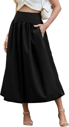 فقاعة النساء الطويلة تنورة مرنة الخصر A-lip مطوي الكشكش تتدفق التنانير Maxi مع جيوب in Kuwait
