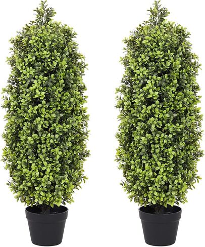 3ft Artificial Boxwood Topiary Trees (Set of 2) - UV Resistant Faux Plants for Outdoor/Indoor, Realistic 36in Fake Bushes and Shrubs for Front Porch, Planter, Patio - Low Maintenance & Evergreen in Saudi Arabia