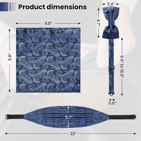 Paisley Cummerbund and Bow Tie Set Adjustable Formal Men's Cumberbund Tuxedo Bowtie Cufflinks Set & Pocket Squares in Saudi Arabia