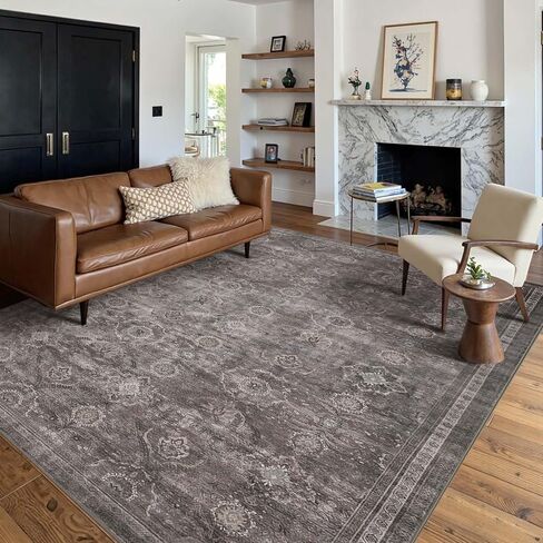 Area Rugs 5x7 for Living Room Bedroom, Grey Washable Rug, Vintage Retro Boho Rug, Non Slip & Low Pile Faux Wool Thin Carpet for Indoor Dining Room and Kids Room(Taupe/Grey 5x7ft) in Saudi Arabia