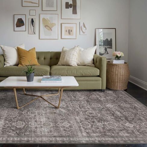 Area Rugs 5x7 for Living Room Bedroom, Grey Washable Rug, Vintage Retro Boho Rug, Non Slip & Low Pile Faux Wool Thin Carpet for Indoor Dining Room and Kids Room(Taupe/Grey 5x7ft) in Saudi Arabia