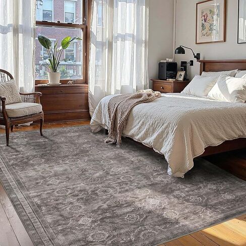 Area Rugs 5x7 for Living Room Bedroom, Grey Washable Rug, Vintage Retro Boho Rug, Non Slip & Low Pile Faux Wool Thin Carpet for Indoor Dining Room and Kids Room(Taupe/Grey 5x7ft) in Saudi Arabia