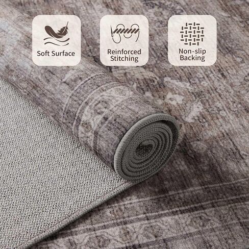 Area Rugs 5x7 for Living Room Bedroom, Grey Washable Rug, Vintage Retro Boho Rug, Non Slip & Low Pile Faux Wool Thin Carpet for Indoor Dining Room and Kids Room(Taupe/Grey 5x7ft) in Saudi Arabia