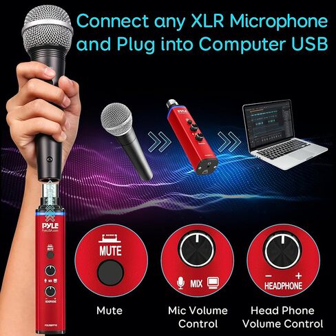 Pyle Microphone XLR-to-USB Signal Adapter - Universal Plug and Play XLR Mic to PC Adaptor for Digital Recording w/ Mix Audio Control, +48V Phantom Power, Headphone Volume, USB Cable - PDUSBPP10 in Saudi Arabia