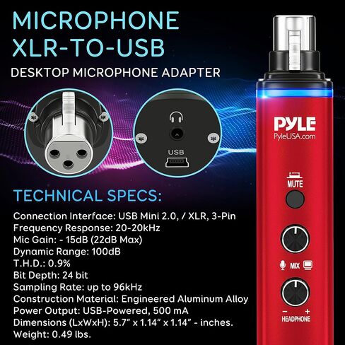 Pyle Microphone XLR-to-USB Signal Adapter - Universal Plug and Play XLR Mic to PC Adaptor for Digital Recording w/ Mix Audio Control, +48V Phantom Power, Headphone Volume, USB Cable - PDUSBPP10 in Saudi Arabia