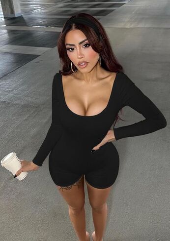 OLCHEE Womens Long Sleeve Workout Jumpsuit Square Neck Ribbed Seamless Yoga Romper Sexy Bodycon Tummy Control Unitard Onesie in Saudi Arabia
