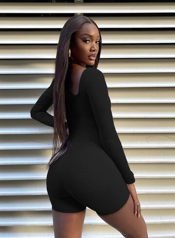 OLCHEE Womens Long Sleeve Workout Jumpsuit Square Neck Ribbed Seamless Yoga Romper Sexy Bodycon Tummy Control Unitard Onesie in Saudi Arabia