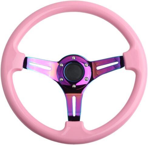 Classic Pink Racing Steering Wheel Neo Chrome Spoke 350mm 14" Deep Dish ABS Hard Wood Steering Wheel with Horn Button in Saudi Arabia