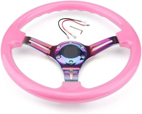 Classic Pink Racing Steering Wheel Neo Chrome Spoke 350mm 14" Deep Dish ABS Hard Wood Steering Wheel with Horn Button in Saudi Arabia