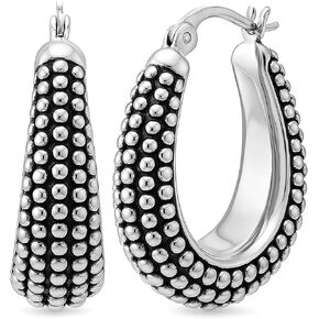 LeCalla 925 Sterling Silver Bali-Style Hoop Earrings Lightweight Click-Top Antique Two-Tone Beaded Italian Bali Style Earring Hoops for Women