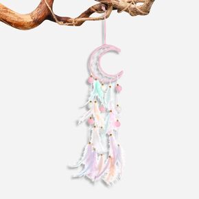 Pink Moon Dream Catcher for Girl ، Crescenting Handmade Baby Dreamcatcher مع أحجار كريستال ريشة Pompom ، ديكور معلق الجدار لغرفة نوم الحضانة هدية الفتيان