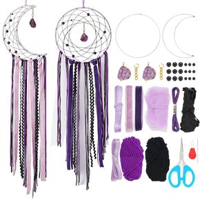 DIY Purple Moon Lace Gothic Dream Catcher kit 2 Set Boho Large Half Circle Handmade Dream Catcher Kit with Purple Agate for Wall Decor Women Gift Moon Sun DIY Gifts for Bedroom Christmas