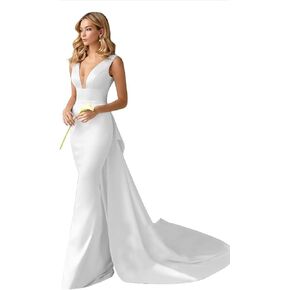 V-Neck Satin Mermaid Wedding Dresses for Bride with Cape, Sleeveless Prom Dress for Women, Elegant Wedding Gown