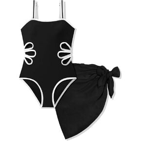 Girls Swimsuit Adjustable Straps Cut Out One Piece Bathing Suit with Solid Color Cover Up Skirt 7-16 Years