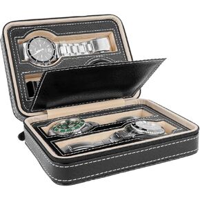 4 Slot Travel Watch Case, Vegan leather Watch Travel Storage Box Zipper Case, Portable Watch Holder Organizer for Men (Black)