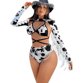 OYOANGLE Women's 3 Piece Cow Print Outfits Tie Backless Triangle Bra and Chain Decor Panties with Fringe Crop Tops
