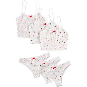 Women's 3 Sets Cherry Print Lingerie Set Coquette Cami Crop Top Bra and Panties Thongs Cute Underwear Sets