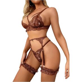 SOLY HUX Women's 5 Piece Lingerie Set Lace Sheer Criss Cross Garter Lingerie Set with Leg Rings
