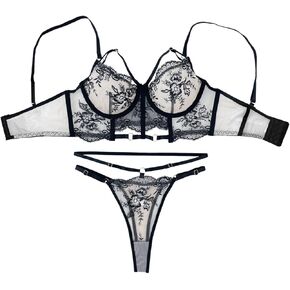 Milumia Women's 2 Piece Floral Embroidery lingerie Set Underwire Mesh Bra Thong