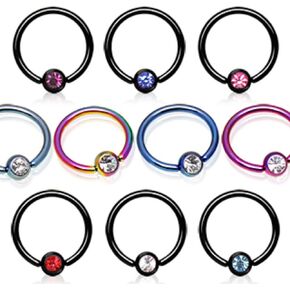 WildKlass Jewelry PVD Plated Captive Bead Ring with Gemmed Dimple Ball (Sold Individually)
