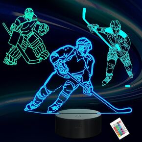 Lampeez Kids 3D Ice Hockey Player Night Light Optical Illusion Lamp with 16 Colors Remote Control Changing Birthday Xmas Valentine Gift Idea for Boys and Girls