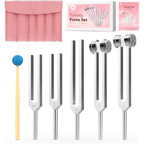 5pcs 128HZ, 136.1HZ, 256HZ, 384HZ, 512HZ Tuning Fork Set, Equipped with PU Leather Bag and Rubber Hammer, Suitable for Yoga, Meditation, Relaxation