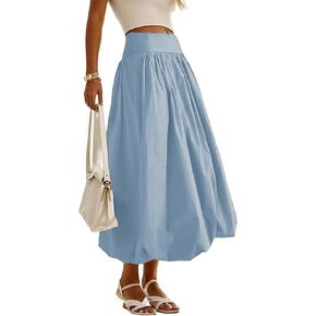 Women's Bubble Long Skirt Elastic Waist A-Line Pleated Ruffle Flowy Balloon Maxi Skirts with Pockets