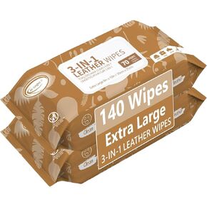 Air Jungles 3in1 Leather Wipes 140 Count, Extra Large 8" x 10" Size, Clean Condition Protect Wipes for Vinyl and Leather Apparel Furniture Auto Car Interior Shoes Boots Bags