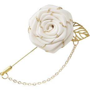yueton 1 Pack Men White Rose Flower Gold Leaf Brooch Men Suits Lapel Pin Bridegroom Floral Pins Simple White Flower Brooch for Wedding, Party