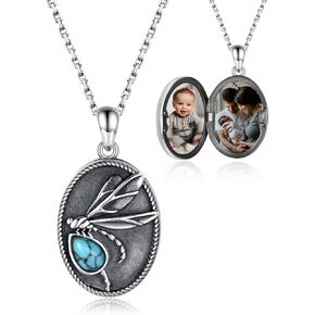 Locket Necklace for Women - Sterling Silver Oval Turquoise Flower Lockets Pendant that Holds Pictures Vintage Jewelry Memorial Gifts for Women (Dragonfly)