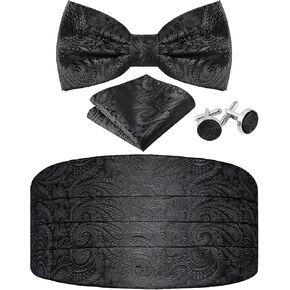 Paisley Cummerbund and Bow Tie Set Adjustable Formal Men's Cumberbund Tuxedo Bowtie Cufflinks Set & Pocket Squares