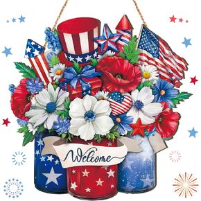 Boao 4th of July Welcome Door Sign Independence Day Hanging Door Decor Patriotic Wooden Sign Memorial Day Door Decorations Floral Door Hanger for Outdoor Farmhouse Porch Front Door (God Bless America)