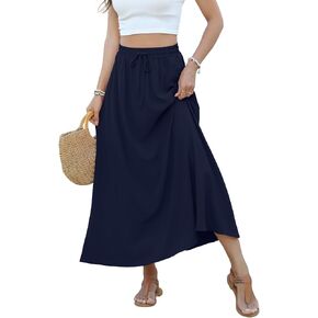 Women Maxi Skirt Long Flowy Pleated High Waisted with Pockets Summer Casual Elastic Waist A-Line Skirts