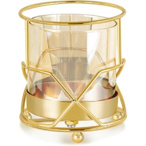 Hurricane Candle Holder, Gold Pillar Candle Holder with Geometric Decorative Accents & Windproof Glass Lid, Perfect for Weddings, Dinners, Parties & Special Events