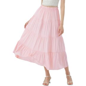 Women's Long Skirt Summer Flowy Boho Maxi Tiered A-Line Elastic High Waist Pleated Beach Dress